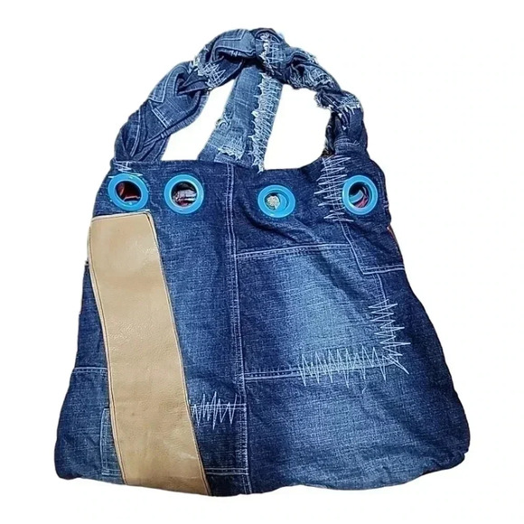 UPCYCLED Vintage Southpole extra large boho leather patchwork Hobo bag - Picture 5 of 12